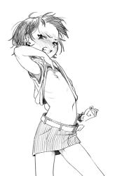 1girl absurdres angry blush clenched_teeth clothes_lift erika_(kusa_mori) flat_chest greyscale highres kusamori lifting_own_clothes loli looking_at_viewer miniskirt monochrome navel nipples original shirt_lift short_hair sketch skirt solo teeth