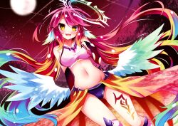 1girl absurdres angel angel_wings arm_behind_back asymmetrical_legwear bare_shoulders bikini bikini_bottom_only blush breasts bridal_gauntlets commentary crop_top drooling fang feathered_wings full_moon glowing glowing_eyes gradient_hair groin hair_between_eyes halo hand_on_own_chest highres jibril_(no_game_no_life) large_breasts leg_tattoo long_hair long_skirt looking_at_viewer low_wings magic_circle midriff mismatched_legwear moon mouth_drool multicolored_hair navel no_game_no_life open_mouth pink_hair pink_shirt pink_socks pink_thighhighs purple_bikini rainbow_hair red_sky shirt showgirl_skirt sideboob sidelocks single_bridal_gauntlet single_thighhigh skin_fang skirt sky sleeveless sleeveless_shirt smile socks solo spiked_halo swept_bangs swimsuit tattoo thighhighs very_long_hair white_wings wing_ears wings yellow_eyes yellow_skirt yoimachiyomi