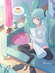 &gt;_&lt; 1girl :&gt; :q :s animal_slippers aqua_eyes aqua_hair aqua_nails between_breasts black_slippers black_thighhighs breasts chips_(food) chocolate commentary_request couch curtains doodle_inset drawstring drinking_straw electrical_outlet food half_lotus_position hatsune_miku heart highres holding holding_food holding_spring_onion holding_stuffed_toy holding_vegetable hood hoodie indoors juice_box light_blush long_hair looking_ahead motion_lines no_pants poster_(object) pudding signature sitting slippers small_breasts solo spring_onion stuffed_toy thighhighs tongue tongue_out twintails vegetable very_long_hair vocaloid white_hoodie yasuno-labo