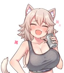 animal_ears beer_can blush breasts calvin_klein can cat_ears cat_girl cat_tail cleavage closed_eyes drink_can grey_hair grey_sports_bra holding holding_can huge_breasts messy_hair original portrait smile sports_bra tail ug_(nekonekodou) white_background