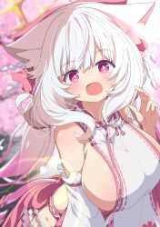 1girl absurdres animal_ears bare_shoulders blurry blurry_background blush breasts cherry_blossoms detached_sleeves hakama hakama_skirt highres japanese_clothes large_breasts looking_at_viewer miko open_mouth original outdoors pink_hakama red_eyes red_ribbon ribbon shiro9jira sideboob skirt smile solo white_hair
