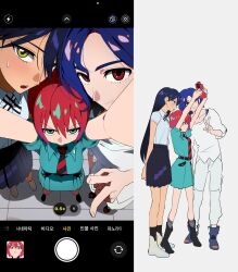 1boy 2girls absurdres amate_yuzuriha aqua_eyes blue_hair cellphone cellphone_photo character_request from_below gundam gundam_gquuuuuux height_difference highres holding holding_phone long_sleeves looking_up multicolored_hair multiple_girls phone red_eyes red_hair selfie shirt short_hair shuji_ito smartphone taking_picture viewfinder yang_gallae