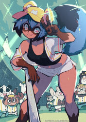 2girls 6+others :3 :q animal_ear_headwear animal_nose aqua_eyes arm_up baseball_bat baseball_cap baseball_uniform black_eyes black_hair black_tank_top blue_hair brand_new_animal breasts bright_pupils chibi closed_mouth cloud cloudy_sky collarbone commentary day dolphin_shorts english_commentary fake_animal_ears feet_out_of_frame fisheye furry furry_female grin hair_between_eyes hat highres jackie_(bna) kagemori_michiru looking_at_viewer medium_hair metal_baseball_bat multicolored_eyes multicolored_hair multiple_girls multiple_others navel outdoors panda parororo patreon_username pink_eyes raccoon_girl raccoon_tail short_sleeves shorts sky small_breasts smile sparkle sportswear stadium_lights standing straight_hair tail tank_top tongue tongue_out two-tone_eyes two-tone_hair unbuttoned unbuttoned_shirt v watermark web_address white_pupils white_shorts wide_hips yellow_hat