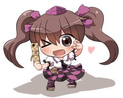 &gt;_o 1girl :d black_necktie black_skirt black_socks blonde_hair blush brown_eyes cellphone checkered_clothes checkered_skirt collared_shirt commentary_request flip_phone frilled_shirt_collar frills full_body geta hair_ribbon hat himekaidou_hatate holding holding_phone long_hair necktie one_eye_closed open_mouth phone puffy_short_sleeves puffy_sleeves purple_hat purple_ribbon purple_skirt ribbon rokugou_daisuke shirt short_sleeves signature simple_background skirt smile socks solo standing tokin_hat touhou v v-shaped_eyebrows white_background white_shirt
