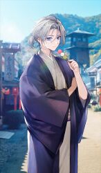 1boy bishounen closed_mouth commentary_request cowboy_shot dango day fate/grand_order fate_(series) food game_cg grey_hair grey_kimono hair_between_eyes hand_up haori holding holding_food hou_(ppo) japanese_clothes kimono long_sleeves low_ponytail male_focus official_alternate_costume official_art outdoors photo_background ponytail prince_of_lan_ling_(fate) purple_eyes sanshoku_dango short_hair short_ponytail smile solo third-party_source wagashi wide_sleeves