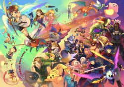 00s 4girls 6+boys absolutely_everyone animal_ears armlet armor backpack bag baseball_bat baseball_cap belt black_hair blonde_hair blue_eyes blue_hair bodysuit boots bowser bracelet bracer brown_hair bulbasaur cape captain_falcon charizard child cload cloak closed_eyes cloud coat copyright_name creatures_(company) crown day diddy_kong donkey_kong donkey_kong_(series) donkey_kong_country dress english_text everyone f-zero facial_hair falco_lombardi family_computer_robot fire_emblem fire_emblem:_mystery_of_the_emblem fire_emblem:_path_of_radiance flower flying fox_mccloud furry galaxia_(sword) game_&amp;_watch game_freak ganondorf gen_1_pokemon gen_4_pokemon gloves gun hanokage happy hat headband helmet highres holding holding_sword holding_weapon ice_climber ice_climbers ike_(fire_emblem) ivysaur jacket jewelry jigglypuff kid_icarus king_dedede kirby kirby_(series) koopa link long_hair lucario lucas_(mother_3) luigi mario mario_(series) marth_(fire_emblem) master_sword meta_knight metal_gear_(series) metal_gear_solid metroid monkey mother_(series) mother_2 mother_3 motor_vehicle motorcycle mr._game_&amp;_watch multiple_boys multiple_girls mustache nana_(ice_climber) ness_(mother_2) nintendo olimar open_mouth overalls parachute pikachu pikmin_(creature) pikmin_(series) pink_dress pit_(kid_icarus) pokemon pokemon_(creature) ponytail popo_(ice_climber) princess_peach princess_zelda quiff rabbit_ears rainbow rainbow_background randoseru red_hair riding riding_pokemon robot samus_aran sandals scarf shield shirt short_hair shorts sky smile solid_snake sonic_(series) sonic_the_hedgehog spacesuit spikes squirtle star_(symbol) star_fox super_smash_bros. sword t-shirt tail the_legend_of_zelda toon_link vehicle wario wario-man warioware warp_star weapon wings wolf_o&#039;donnell yoshi zero_suit