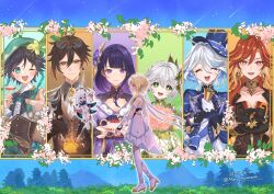 2boys 6+girls aqua_eyes aqua_hair black_bodysuit black_bow black_bowtie black_gloves black_hair blonde_hair blue_hair blue_hat blue_jacket blush bodysuit bow bowtie braid breasts brown_hair brown_jacket brown_vest closed_eyes closed_mouth cup dress earrings fingerless_gloves flower furina_(genshin_impact) genshin_impact glass gloves green_eyes green_hair green_hat hair_between_eyes hair_ornament hat high_heels highres holding holding_cup holding_flower jacket japanese_clothes jewelry karanashi_mari kimono long_hair long_sleeves looking_at_viewer lumine_(genshin_impact) mavuika_(genshin_impact) medium_breasts multicolored_hair multiple_boys multiple_girls nahida_(genshin_impact) necktie one_eye_closed open_mouth orange_eyes orange_hair paimon_(genshin_impact) pointy_ears purple_eyes purple_hair purple_kimono raiden_shogun red_hair rose short_hair short_hair_with_long_locks side_ponytail smile streaked_hair symbol-shaped_pupils thighhighs top_hat twin_braids two-tone_hair venti_(genshin_impact) vest white_dress white_gloves white_hair white_necktie white_thighhighs yellow_eyes zhongli_(genshin_impact)