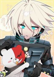 !? 1boy ahoge android aqua_eyes armor blush commentary danganronpa_(series) danganronpa_v3:_killing_harmony glowing glowing_eyes grey_hair hair_between_eyes half-closed_eye heart highres k1-b0 lv_k1b0 male_focus monotaro_(danganronpa) pants power_armor ringed_eyes robot_ears short_hair solo spiked_hair star_(symbol) stuffed_animal stuffed_toy sweatdrop teddy_bear upper_body yellow_background
