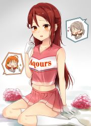 &gt;:d 0_0 3girls :3 :d absurdres ahoge blush bow braid brown_eyes cheerleader clothes_writing commentary_request embarrassed gloves gradient_background grey_hair group_name hair_bow hair_ornament twirling_hair hairclip half_updo heart highres kneehighs long_hair looking_at_viewer love_live! love_live!_sunshine!! miniskirt multiple_girls navel no_shoes open_mouth orange_hair pink_shirt pink_skirt pleated_skirt pom_pom_(cheerleading) red_hair sakurauchi_riko school_uniform serafuku shirt side_braid sitting skirt sleeveless sleeveless_shirt smile socks solo_focus sonoko_neko sparkle spoken_face sweatdrop takami_chika thumbs_up v-shaped_eyebrows watanabe_you white_gloves white_legwear yellow_bow yokozuwari