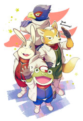 4boys anniversary arm_up armored_boots belt bird_boy black_belt black_gloves blue_jumpsuit boots crossed_arms falco_lombardi fox_boy fox_mccloud frog_boy full_body furry furry_male gloves green_jumpsuit hat highres jacket jumpsuit kinoshita_jiroh looking_back male_focus multiple_boys nintendo nostrils peppy_hare rabbit_boy red_hat red_jumpsuit slippy_toad smile star_(symbol) star_fox white_jacket