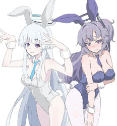 2girls animal_ears arm_under_breasts arms_up between_breasts blue_archive blue_leotard blue_necktie blush breasts cleavage closed_mouth commentary_request fake_animal_ears grey_hair hairband large_breasts leotard long_hair lowres medium_breasts multiple_girls necktie necktie_between_breasts noa_(blue_archive) nyaru_(nyaru_4126) pantyhose playboy_bunny ponytail purple_eyes purple_hair purple_necktie rabbit_ears rabbit_tail simple_background smile tail very_long_hair white_background white_hairband white_leotard white_pantyhose wrist_cuffs yuuka_(blue_archive)