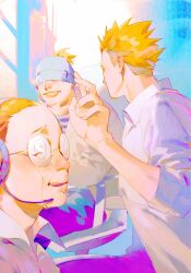 Rule 34 | 3boys, abstract background, beanie, beard, blonde hair, blue background, blue hat, chair, closed eyes, coat, collared coat, colorful background, covered eyes, crying, d.gray-man, facial hair, facing away, facing to the side, fat, fat man, glasses, grin, hair slicked back, hat, headphones, headset, highres, johnny gill, kaliumxxx, lab coat, light smile, long sleeves, looking at another, male focus, mature male, microphone, multiple boys, orange lips, pants, parted lips, pink background, purple pants, reever wenhamm, round eyewear, shirt, short hair, sitting, sleeves rolled up, smile, snot, spiked hair, streaming tears, striped clothes, striped shirt, sweat, sweatdrop, tears, tup dop, white background, white coat, white shirt