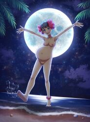 1girl adricarra anklet armpits arms_up barefoot beach black_hair blue_eyes breasts cleft_of_venus completely_nude dark-skinned_female dark_skin feet female_focus flower flower_on_head full_body hair_ornament highres huge_belly jewelry large_breasts looking_at_viewer misscherrylle navel night nintendo nipples nude ocean outdoors phoebe_(pokemon) pokemon pokemon_rse pregnant pussy short_hair solo toes uncensored walking