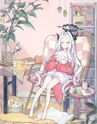 1girl alternate_costume animal barefoot blue_archive book bookshelf candle cardigan cat chair closed_eyes commentary_request cup demon_girl demon_horns dress flower food fork frilled_dress frills halo hina_(blue_archive) horns incense indoors long_hair multiple_horns on_chair parted_bangs pie pillow pink_cardigan plant potted_plant resting rug solo soriya steam table tablecloth towel useless_machine very_long_hair white_dress white_hair