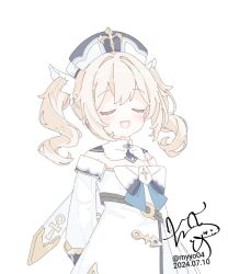 1girl arms_behind_back barbara_(genshin_impact) blonde_hair bow bowtie chame_(myyo04) closed_eyes collar dated detached_collar dress drill_hair genshin_impact hair_intakes hat medium_hair nurse_cap open_mouth signature simple_background smile solo twin_drills upper_body white_background white_bow white_bowtie white_collar white_dress