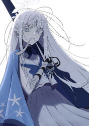 1girl absurdres bandaged_arm bandages blue_archive blue_haori blue_neckerchief grey_eyes hair_ornament halo haori highres japanese_clothes long_hair long_skirt nagusa_(blue_archive) neckerchief school_uniform serafuku setsunoato shirt short_sleeves simple_background skirt snowflake_hair_ornament solo upper_body very_long_hair white_background white_hair white_serafuku white_shirt white_skirt