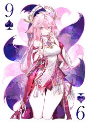 1girl absurdres animal_ears breasts card closed_mouth cocoballking commentary detached_sleeves fox_ears fox_shadow_puppet fox_tail genshin_impact hair_between_eyes highres long_hair long_sleeves multiple_tails nine_of_spades nontraditional_miko pink_hair playing_card purple_eyes simple_background smile solo tail white_background wide_sleeves yae_miko