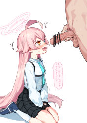 Rule 34 | 1boy, 1girl, ahoge, aqua necktie, bar censor, black gloves, black skirt, blue archive, blush, censored, chest harness, collared shirt, commentary request, covered erect nipples, erection, fang, fingerless gloves, from side, gloves, halo, harness, henry bird 9, hetero, heterochromia, highres, hoshino (blue archive), huge ahoge, long hair, long sleeves, looking at penis, looking up, necktie, open mouth, penis, pink hair, pink halo, plaid clothes, plaid skirt, school uniform, seiza, shirt, shirt tucked in, sitting, skin fang, skirt, socks, solo focus, speech bubble, translation request, variant set, very long hair, white background, white shirt, white socks