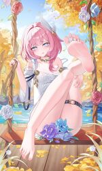1girl absurdres bare_shoulders barefoot blue_eyes blue_sky blush breasts commentary_request cum cum_on_body cum_on_feet cyrene_(honkai:_star_rail) dress feet flower_censor hair_ornament highres honkai:_star_rail honkai_(series) jndfh lake leg_up licking_lips looking_at_viewer medium_hair multicolored_hair on_swing outdoors pink_hair sky small_breasts soles solo swing swing_set thighs toes tongue tongue_out two-tone_hair water white_dress white_hair wooden_floor