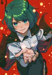 1girl ankle_socks antennae black_cape black_shorts blush bob_cut breasts buttons cape closed_mouth collared_shirt dated foot_out_of_frame frilled_sleeves frills from_above green_eyes green_hair hand_up highres juliet_sleeves leg_up long_sleeves looking_at_viewer mary_janes noriuma puffy_sleeves red_background shirt shoes short_hair shorts signature small_breasts smile socks solo swept_bangs touhou twitter_username two-sided_cape two-sided_fabric white_shirt white_socks wing_collar wriggle_nightbug