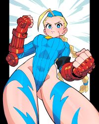 1girl 333_(dqqqdle) black_border blonde_hair blue_hat blue_leotard border braid breasts cammy_white clenched_hands cowboy_shot curvy gauntlets hat highleg highleg_leotard highres large_breasts leg_tattoo leotard long_hair looking_at_viewer scar scar_on_face shiny_skin solo street_fighter tattoo thong_leotard twin_braids white_background wide_hips