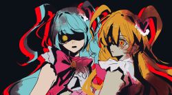 2girls blonde_hair blue_hair bow bowtie cosplay don_quixote_(project_moon) dress e.g.o_(project_moon) empty_eyes hair_ornament heart heart_hair_ornament highres holding_hands limbus_company lobotomy_corporation lobotomy_corporation_(identity)_(project_moon) long_hair multiple_girls open_mouth partially_shaded_face project_moon queen_of_hatred queen_of_hatred_(cosplay) shaded_face sixgod