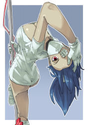 1girl absurdres ass blue_background blue_hair border breasts choker cleavage eyepatch gloves hat highres intravenous_drip large_breasts latex latex_gloves leaning_back leg_wrap long_hair looking_at_viewer mask mouth_mask nurse_cap otu_025 ponytail red_eyes skullgirls solo surgical_mask valentine_(skullgirls) white_border