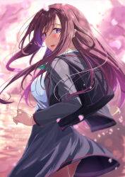 1girl :d absurdres bag black_jacket blazer blue_eyes blurry blurry_background blush breasts brown_hair cherry_blossoms grey_jacket grey_skirt highres jacket long_hair long_sleeves looking_at_viewer looking_back open_clothes open_jacket open_mouth origami_yakko original outdoors petals purple_eyes school_bag school_uniform shirt skirt smile solo standing white_shirt wind wind_lift