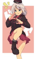 Rule 34 | 1girl, ankle boots, black boots, black hat, black jacket, black socks, blue eyes, boots, commentary, crotch seam, dress shirt, garrison cap, girls und panzer, grey hair, hat, insignia, itsumi erika, jacket, kuromorimine military uniform, leg up, long sleeves, looking at viewer, medium hair, military hat, military uniform, miniskirt, notice lines, open mouth, panties, pantyshot, pink background, pleated skirt, red shirt, red skirt, shirt, skirt, smile, socks, solo, standing, standing on one leg, tom q (tomtoq), translated, underwear, white panties, wing collar