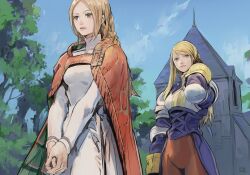 2girls agrias_oaks armor blonde_hair blue_dress blue_sky breastplate brown_eyes brown_pants cathedral dress elbow_pads final_fantasy final_fantasy_tactics hand_in_own_hair knight long_hair multiple_girls nakade1 ovelia_atkascha pants princess red_robe robe shoulder_pads sky tree upper_body v_arms white_dress