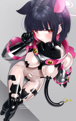 1girl absurdres alternate_costume animal_ears black_gloves black_hair black_shoes black_thighhighs blue_archive blunt_bangs blush bodysuit breasts cat_ears cat_girl cat_pasties cleavage closed_mouth colored_inner_animal_ears colored_inner_hair crossed_legs detached_sleeves elbow_gloves extra_ears gloves hair_ornament hairclip highres kazusa_(blue_archive) large_breasts latex latex_bodysuit looking_at_viewer maguro27 medium_hair multicolored_hair pasties pink_eyes see-through_bodysuit see-through_clothes see-through_sleeves shoes sitting skin_tight solo sweatdrop thighhighs two-tone_hair