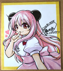 1girl :3 absurdres animal_ears blush brown_eyes closed_mouth comiket_98 cowboy_shot fujii_ryou heart highres index_finger_raised long_hair looking_at_viewer original panda_ears pink_hair pink_skirt puffy_short_sleeves puffy_sleeves shirt short_sleeves skirt smile solo two-tone_background white_background white_shirt yellow_background