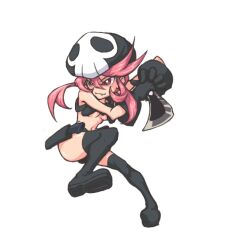Rule 34 | 1girl, artist name, ass, boots, fang, gloves, hat, holding, holding knife, holding weapon, jakuzure nonon, jumping, kill la kill, knife, midriff, nudist beach uniform, pink eyes, pink hair, thigh boots, weapon, white background