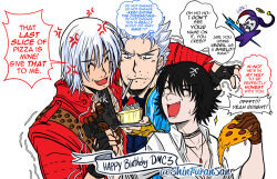 1girl 3boys anger_vein anniversary artist_name black_hair blue_jacket cheesecake closed_eyes dante_(devil_may_cry) devil_may_cry devil_may_cry_(series) devil_may_cry_3 eating food food_in_mouth food_on_face gun handgun happy_birthday holding holding_food holding_gun holding_pizza holding_plate holding_weapon jacket jester_(dmc3) jewelry lady_(devil_may_cry) multiple_boys necklace pizza pizza_slice plate red_jacket shinfuransan shirt simple_background speech_bubble vergil_(devil_may_cry) weapon white_background white_hair white_shirt