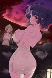 2girls antenna_hair arms_under_breasts blush breasts brown_eyes cleavage closed_mouth cloud cloudy_sky collarbone dusk embarrassed eyelashes forehead from_behind furrowed_brow gradient_sky hands_on_own_chest highres huge_breasts idolmaster idolmaster_million_live! idolmaster_million_live!_theater_days jyo_(leleon) lamp long_hair looking_at_viewer looking_back multiple_girls naked_towel nose_blush official_alternate_hairstyle onsen parted_bangs ponytail rock shinomiya_karen shy sidelocks sky star_(sky) starry_sky steam towel toyokawa_fuka tree very_long_hair wading wavy_hair wavy_mouth wet