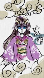 1girl black_hair black_sclera blue_eyes closed_mouth colored_sclera cowboy_shot grimms_echoes hair_between_eyes horns japanese_clothes kimono long_hair looking_at_viewer pale_skin purple_kimono salmon_pink_1217 shaded_face solo source_request translation_request void_onihime_(grimms_echoes) wide_sleeves