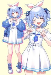 1girl animal_ears blue_hair blue_ribbon chiyomaru_(yumichiyo0606) choker closed_eyes denim denim_jacket double_v earrings hair_ribbon heart heart_hands highres hololive jacket jewelry looking_at_viewer official_alternate_costume official_alternate_hair_length official_alternate_hairstyle open_mouth orange_hair rabbit_earrings rabbit_ears rabbit_girl ribbon short_eyebrows short_hair simple_background smile solo thick_eyebrows tied_ears two_side_up usada_pekora usada_pekora_(casual) v virtual_youtuber white_choker