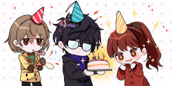 1girl 2boys absurdres akechi_gorou amamiya_ren black_hair brown_hair chibi chibi_only closed_mouth coat fsmaichobpeg0 glasses highres multiple_boys persona persona_5 persona_5_the_royal red_hair short_hair smile sparkling_eyes upper_body winter_clothes yoshizawa_kasumi