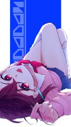 1girl ayase_momo blue_skirt bow bowtie brown_hair brown_shoes chocom_koro collared_shirt commentary copyright_name crossed_legs dandadan earrings hair_between_eyes highres jewelry kami_high_school_uniform knees_up long_sleeves looking_at_viewer loose_socks lying miniskirt on_back pink_sweater pleated_skirt red_bow red_bowtie red_eyes school_uniform shirt shoes short_hair skirt socks solo sweater thighs tongue tongue_out white_shirt white_socks