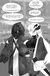 1girl 1other absurdres arknights bag belt_buckle blurry blurry_background braid breasts buckle commentary depth_of_field doctor_(arknights) english_commentary english_text engrish_text fingerless_gloves gloves greyscale high-waist_shorts highres hood hood_up hooded_jacket horns jacket locked_arms long_sleeves medium_breasts monochrome najashi open_clothes open_jacket pantyhose pantyhose_under_shorts puffy_long_sleeves puffy_sleeves ranguage saria_(arknights) shirt short_shorts shorts shoulder_bag tail