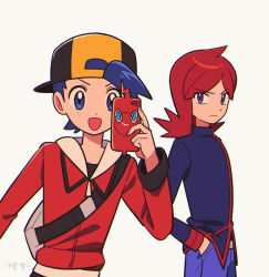 Rule 34 | 2boys, :d, backwards hat, baseball cap, black hat, black jacket, blue eyes, blue hair, chueog, closed mouth, commentary request, cowlick, ethan (pokemon), gen 4 pokemon, hand in pocket, hand up, hat, holding, holding phone, jacket, korean commentary, long sleeves, looking at another, male focus, medium hair, multiple boys, nintendo, open mouth, pants, phone, pokemon, pokemon hgss, purple eyes, purple pants, red hair, red jacket, rotom, rotom phone, short hair, silver (pokemon), simple background, smile, turtleneck, turtleneck jacket, white background
