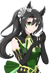 1girl absurdres abyss_kpn_(ki) animal_ears black_gloves black_hair black_suspenders blush breasts commentary ear_scrunchie ear_through_crown elbow_gloves gloves green_eyes green_sweater hair_between_eyes highres horse_ears horse_girl horse_tail long_hair looking_at_viewer medium_breasts multicolored_hair necktie satono_crown_(umamusume) side_ponytail simple_background sleeveless sleeveless_sweater smile solo streaked_hair sweater tail umamusume white_background white_hair yellow_necktie