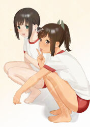 2girls :d bare_legs barefoot blush brown_eyes brown_hair buruma collarbone commentary_request feet from_side fubuki_(kancolle) full_body gradient_background green_eyes gym_shirt gym_uniform i-401_(kancolle) kantai_collection looking_at_viewer low_ponytail medium_hair multiple_girls open_mouth ponytail red_buruma sakiecho shadow shirt short_sleeves sidelocks signature smile sparkle squatting tan thighs tongue tongue_out v watermark white_shirt yellow_background