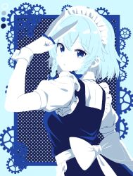 1girl 3y7cucaciv6362g back_bow blue_dress blue_eyes blue_theme bow braided_sidelocks dress gears highres holding holding_knife izayoi_sakuya knife maid maid_headdress puffy_sleeves short_hair solo touhou wrist_cuffs
