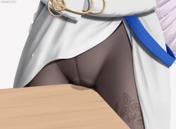Rule 34 | 1girl, black pantyhose, bronya rand, close-up, crotch rub, dress, drill hair, grey hair, highres, honkai: star rail, honkai (series), masturbation, pantyhose, pussy juice, pussy juice puddle, simple background, solo, table humping, white background, white dress, z282g