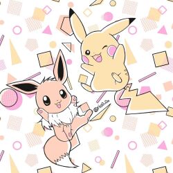 animal_focus bright_pupils brown_eyes eevee gen_1_pokemon highres memphis_design nintendo no_humans one_eye_closed open_mouth pikachu pokemon pokemon_(creature) rio_(rio0v0o) smile tail twitter_username white_pupils