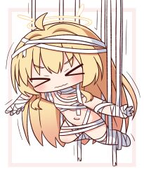 &gt;_&lt; 1girl ahoge bandages blonde_hair blue_archive blush breasts chibi closed_eyes closed_mouth facing_viewer hair_between_eyes hair_intakes halo hana_kazari hanging highres long_hair mummy_costume naked_bandage navel pink_background small_breasts solo two-tone_background very_long_hair wavy_mouth white_background yoshimi_(blue_archive) yoshimi_(halloween)_(blue_archive)