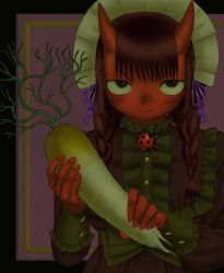 1girl bad_id bad_twitter_id black_border black_eyes blush border braid brooch bug colored_skin female_focus frills grintasia half-closed_eyes headdress highres holding horns insect jewelry ladybug looking_at_viewer oni oni_horns original outside_border purple_background radish red_oni red_skin sanpaku smile solo twin_braids upper_body