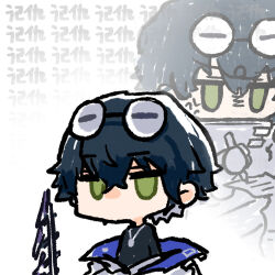 1boy anger_vein black_hair chibi chibi_only chinese_commentary chinese_text cui_pi_zha_xia_qiu girls&#039;_frontline girls&#039;_frontline_neural_cloud goggles goggles_on_head green_eyes inner_ego no_mouth official_art second-party_source solo sueyoi_(neural_cloud) writing