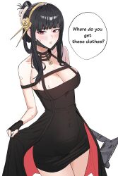 1girl black_dress black_gloves black_hair blush breasts cleavage commentary_request cosplay d_(nikke) dress english_text fingerless_gloves flower gloves goddess_of_victory:_nikke hair_flower hair_ornament highres holding holding_weapon hyuiil365 korean_commentary large_breasts long_hair looking_at_viewer open_mouth red_eyes simple_background solo speech_bubble spy_x_family sweatdrop thighs weapon white_background yor_briar yor_briar_(cosplay)